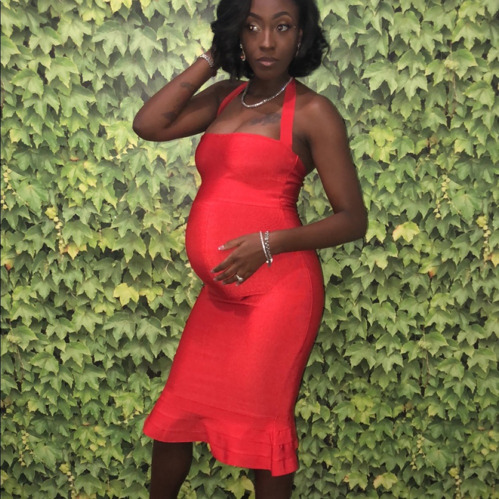 Red Maternity Halter Neck BodyCon Dress